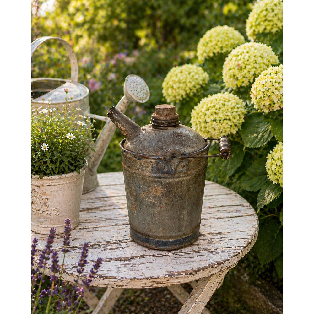 Vintage Galvanized Oil Can with Wooden Handle 10.5" H x 6" W